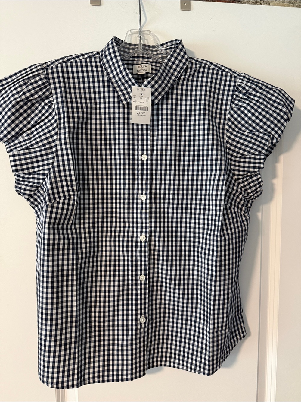 J. Crew Navy & White Gingham Ruffle Sleeve Button-Down